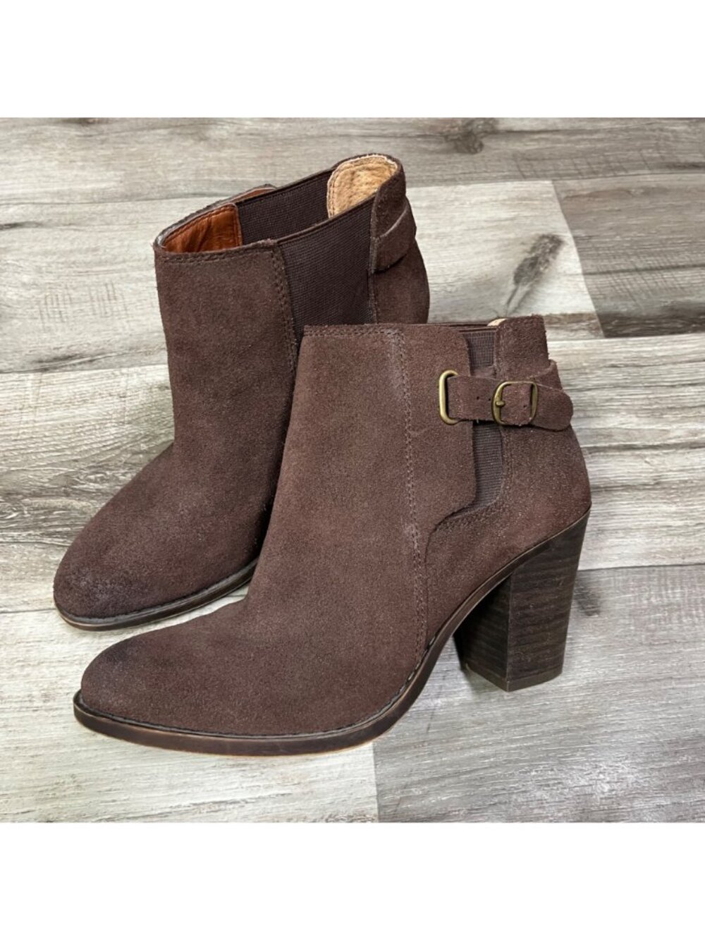 Lucky Brand Esperanza Suede Leather Block Stack Heel Ankle Boots Brown Size 7.5